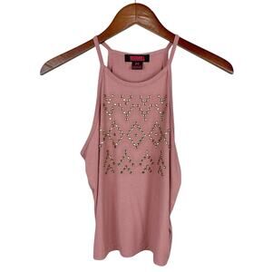 New Rock & Roll Denim Tank Top Studded Jewels Pink Ribbed Juniors M